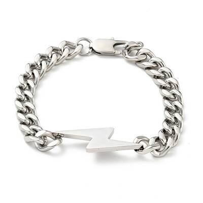 Tarnish Resistant 201 Stainless Steel Lighting Bolt Link Bracelet with Curb Chains for Women