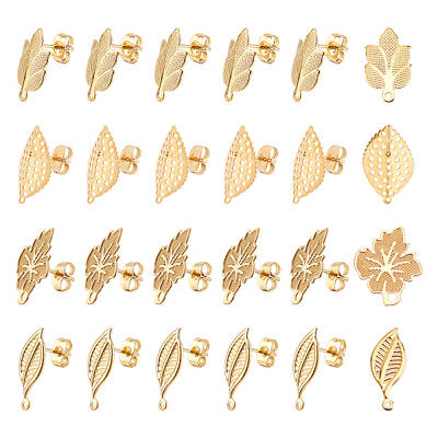 UNICRAFTALE 24pcs 4 Styles Golden Leaf Stud Earring Findings Stainless Steel Stud Earring with Ear Nuts 0.7mm Pin Ear Studs f...