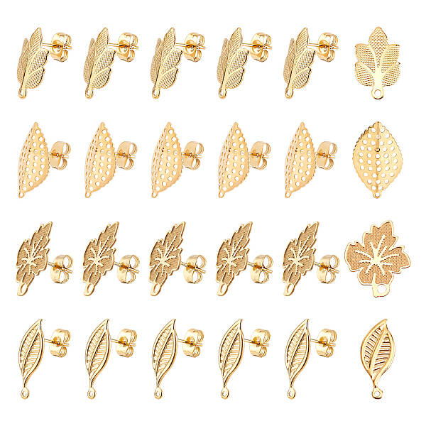UNICRAFTALE 24pcs 4 Styles Golden Leaf Stud Earring Findings Stainless Steel Stud Earring with Ear Nuts 0.7mm Pin Ear Studs f...
