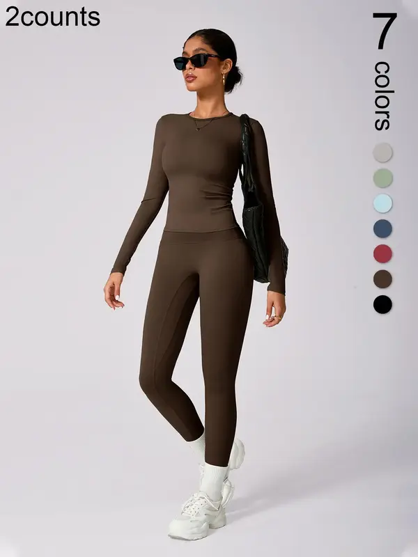 Women's Solid Long Sleeve Tee & High Waist Leggings Tracksuit Set, Sporty Casual Comfy Breathable Outfits for Yoga Gym Workou...