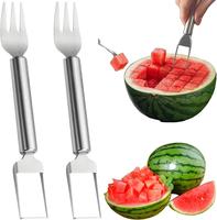 Watermelon Slicer and Fork 2-in-1 Set – 2PCS Dual-Head Stainless Steel Fruit Cutter Tool with Round Handle for Easy Cut, Ki...