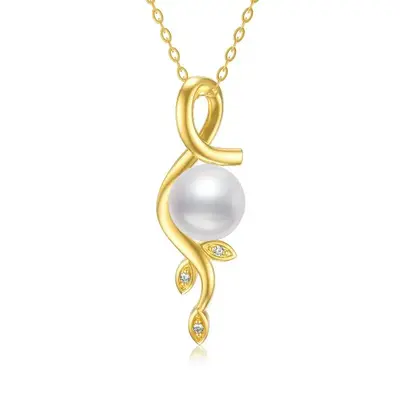 14K Gold Circular Shaped Pearl Leaves Pendant Necklace