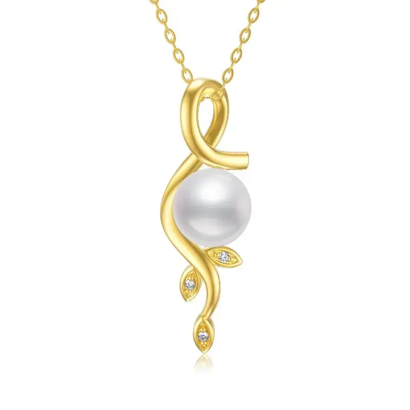14K Gold Circular Shaped Pearl Leaves Pendant Necklace