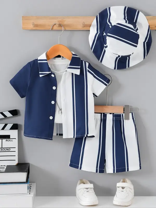 Boy's Striped Print Button Front Shirt & Elastic Waist Shorts & Hat Set without Shoes, Casual Three-piece Set for Daily Wear,...