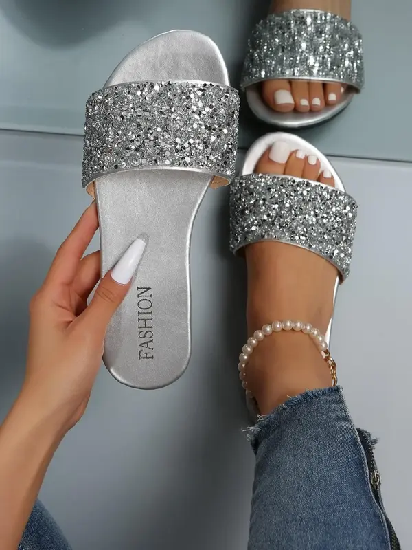 Women's Elegant Glittering Sequin Flat Sandals, Trendy Open Toe Slip on Sandals, Fashionable Shoes for Summer Beach Wear, San...