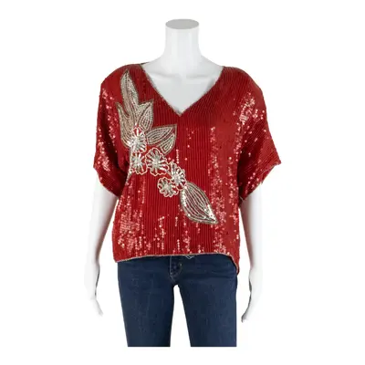 J.L.B Embellished Top Red Silk Short Sleeve Womens S