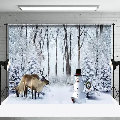 Aperturee Winter Wild Forest Elk Snowman Christmas Backdrop - Aperturee