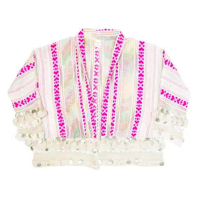 FREE SIZE Womens Kimono Blouse White Button Neck Long Sleeve Striped XL
