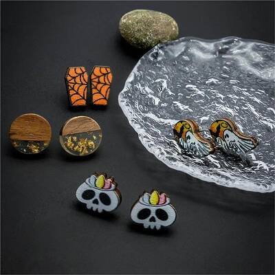 Halloween Tombstone Ghost Skull Wood Stud Earring Sets