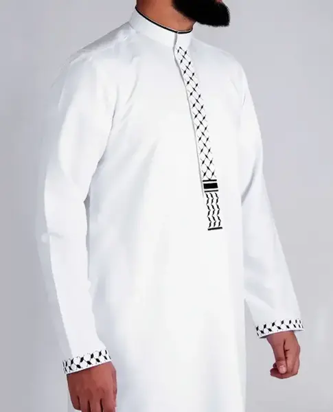 Men's Thobe with Kuffiyeh Detailing, White, Long Sleeves, Suitable for Various Occasions, Comfortable Fit