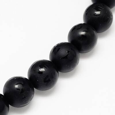 Natural Obsidian Round Carved Om Mani Padme Hum Beads Strands