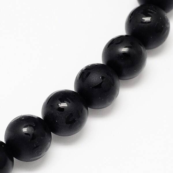 Natural Obsidian Round Carved Om Mani Padme Hum Beads Strands