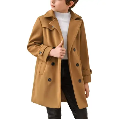 Haloumoning Boys Double Breasted Peacoat Notched Lapel Collar Wool Blend Long Coat with Pockets