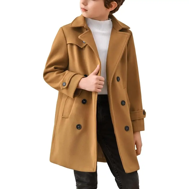 Haloumoning Boys Double Breasted Peacoat Notched Lapel Collar Wool Blend Long Coat with Pockets