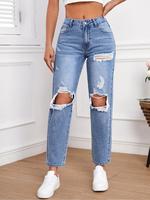Women's Basic Plain Button Pocket Ripped Vintage Jeans, Jeans for Women, Lady Fashion Streetwear, Minimalist Functionality Co...