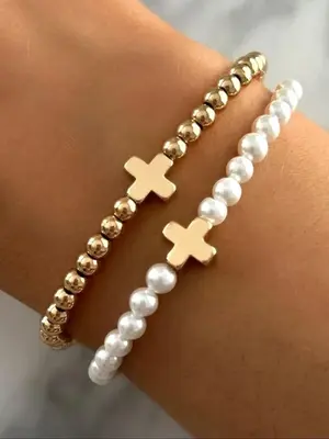 Faux Pearl Decorated Cross Charm Beaded Bracelet, Fashion Jewelry for Party, Daily Clothing Decor, Trendy All-match & Exquisi...
