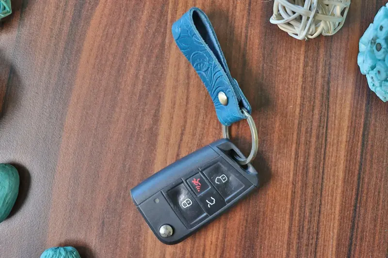 Blue Leather Keychain , Real Leather, Same Day Shipping, Free Shipping US