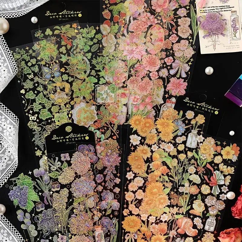 12sheets Retro Floral Pattern Stickers, Waterproof Self-adhesive Transparent Stickers, Office Supplies For Scrapbooking & Pho...