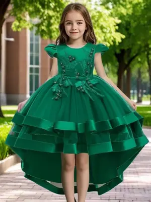 Girl's Leaf Embroidery Faux Pearls Decor High Low Hem Tulle Dress, Elegant Puff Sleeve Bow Back Zipper Back Fit & Flare Dress...