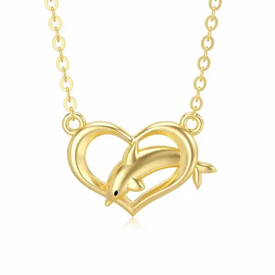 14K Gold Dolphin & Heart Pendant Necklace