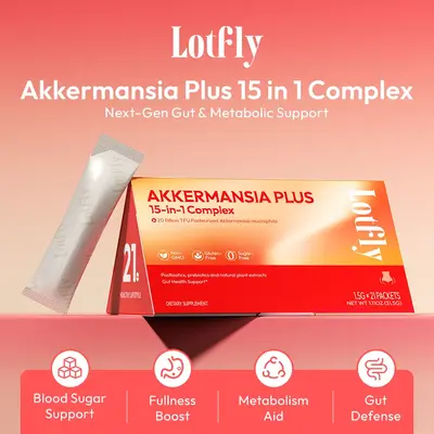 Expert Formula LOTFLY Akkermansia Plus | 15-in-1 Complex Powder with Prebiotic Fibers & Trace Minerals – Supports Gut Healt...