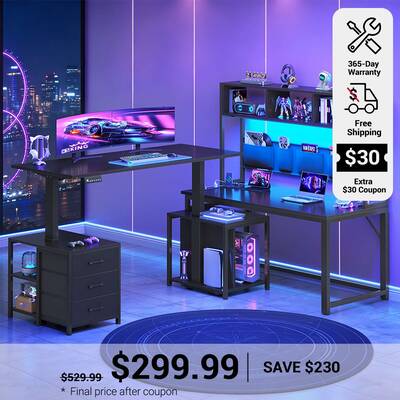 SEDETA | 94.5 Inch Reversible Height Adjustable Desk with LED Light Power Outlet L Shaped Standing Gaming Desk with 3 Drawers...