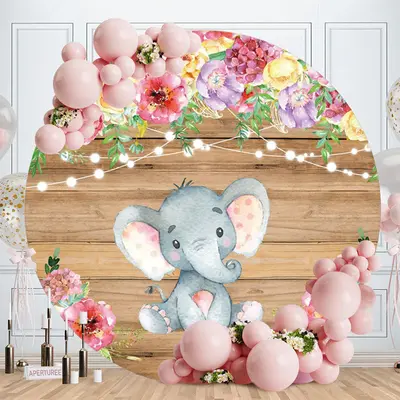 Aperturee Pink Floral And Elephant Round Wood Baby Shower Backdrop