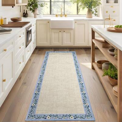 Garvee Bordered Beige 2x6 Entryway Rug Floral Bordered Runner, Non-Slip TPR Backing, Machine Washable, Low-Pile Soft Polyeste...