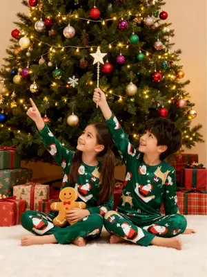 Christmas Party Pajama Set, Santa Reindeer Print, Long Sleeve Round Neck Top & Pants, Spring Fall Home Wear