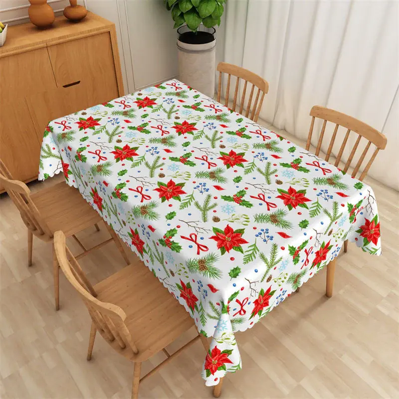Green Pine Needles Red Floral Christmas Tablecloth - Aperturee