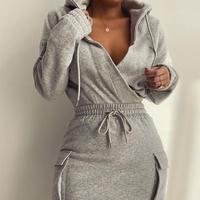 ChicMe Women's Long Sleeve Sweatshirt Dress Drawstring Waist Hoodie Dress with Flap Pockets Pullover Casual Dress