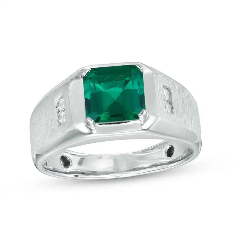 10K White Gold 2.1 to 7.1 CT Emerald Cut Lab Created Emerald & Diamond Engagement Band for Men