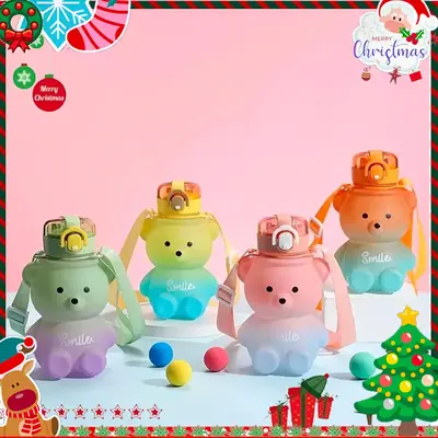 Cute Bear Gradient Water Cup, 1 Count Large Capacity Crossbody Water Bottle with Straw, Children's Sports Water Cup for Gift ...