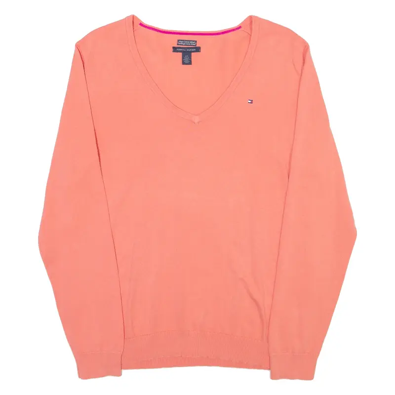 TOMMY HILFIGER Lightweight Mens Jumper Orange V-Neck Tight Knit L