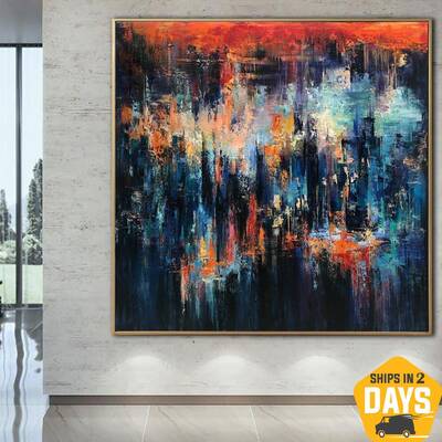 Night City Original Abstract Blue Wall Art Original Textured Art Living Room Wall Decor Abstract Painting On Canvas | NIGHT C...