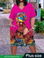 【Plus Size】 Cartoon Figure & Butterfly Print Pocket Tee Dress, Plus Casual Drop Shoulder V Neck Short Sleeve Dress for Su...