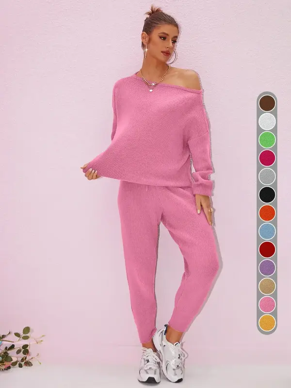 Two-piece Set Women's Solid Color One Shoulder Sweater & Drawstring Waist Pants, Casual Long Sleeve Top & Trousers for Fall &...