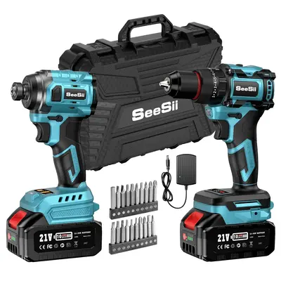 Seesii 3/8'' Brushless Cordless Drill and 1/4'' Impact Driver Combo Kit with 2 Batteries, 21V Max Electric Brushless Power To...