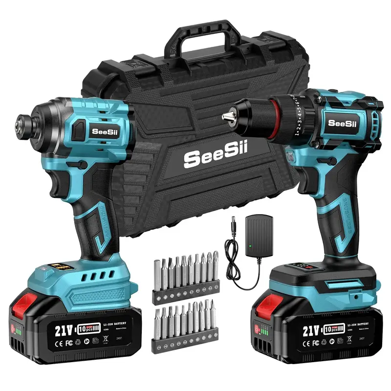 Seesii 3/8'' Brushless Cordless Drill and 1/4'' Impact Driver Combo Kit with 2 Batteries, 21V Max Electric Brushless Power To...