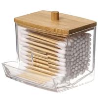 Spring Clear Cosmetic Storage Container with Wood Lid, Christmas Gift, Transparent Qtips Holder Swab Sticks Dispenser, Makeup...