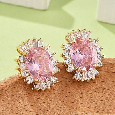 Oval Brass Micro Pave Cubic Zirconia Stud Earrings for Women