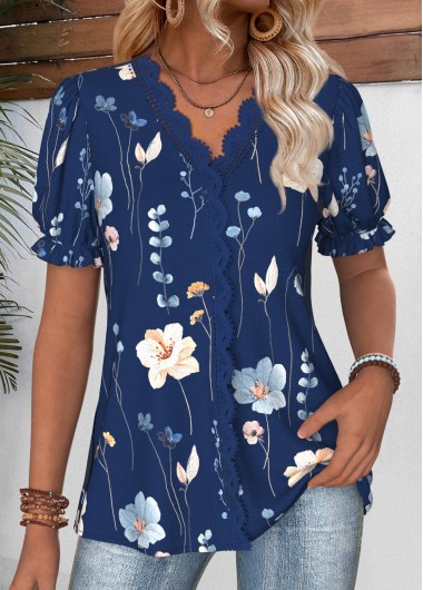 Modlily Navy Floral Print Short Sleeve V Neck Blouse - L