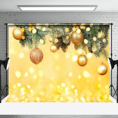 Aperturee Green Leaves Gold Bells Bokeh Christmas Backdrop | Christmas Photoshoot Backgrounds | Christmas Backdrops For Photo...