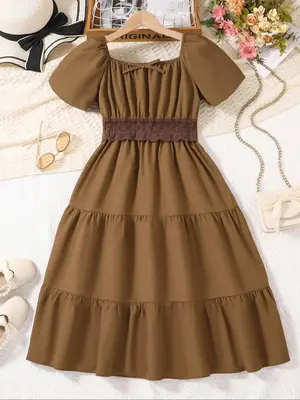 Girl's Solid Color   Dress, Casual Fashion Short Sleeve A Line Dress for Daily Outdoor Wear, Toddler Girls Dress for Summer