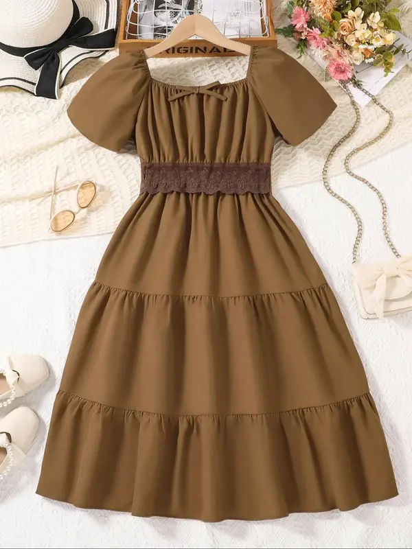 Girl's Solid Color   Dress, Casual Fashion Short Sleeve A Line Dress for Daily Outdoor Wear, Toddler Girls Dress for Summer