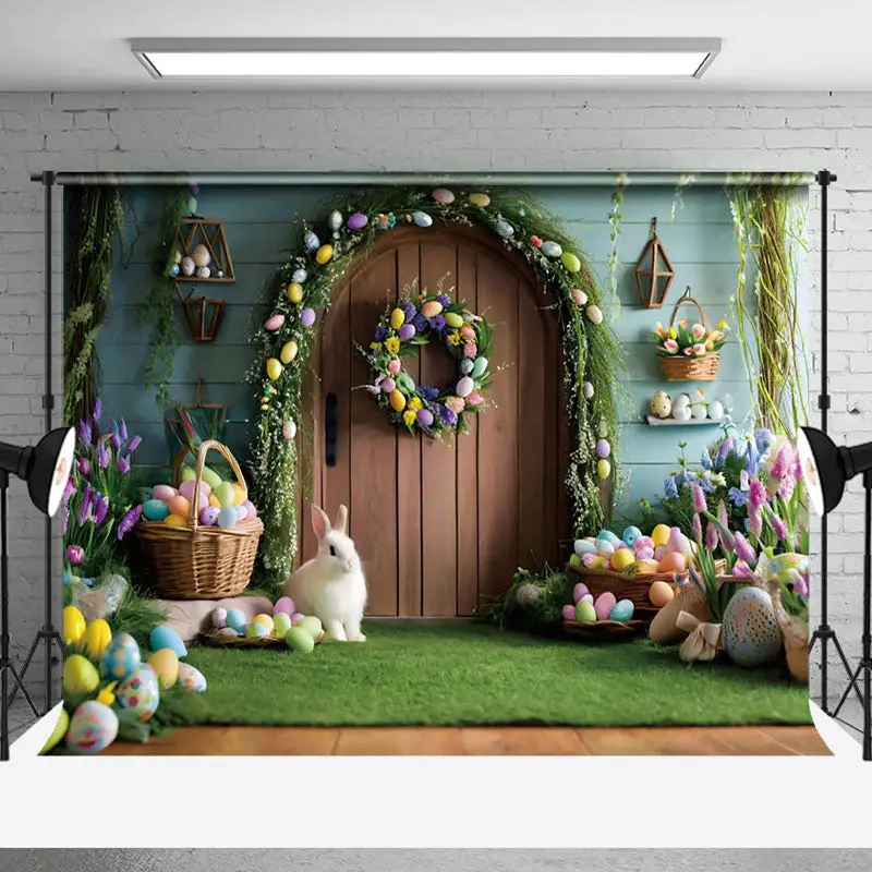 Aperturee Wooden Door Colorful Eggs Bunny Easter Photo Backdrop