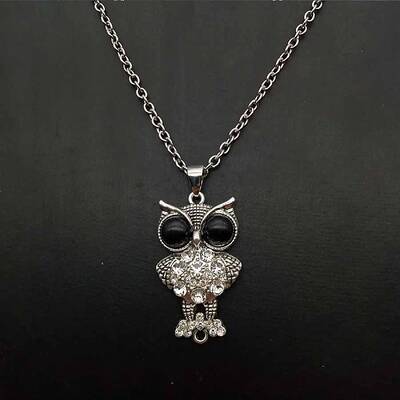 Alloy Jet Rhinestone Cute Creative Owl Pendant Necklaces for Women