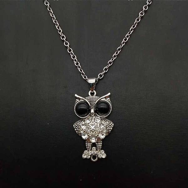Alloy Jet Rhinestone Cute Creative Owl Pendant Necklaces for Women