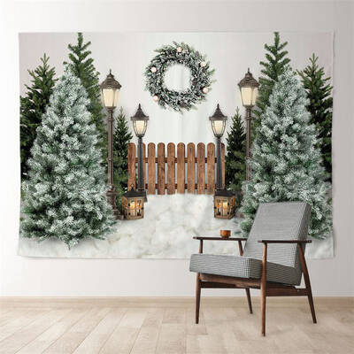 Aperturee Wood Fence Snowy Tree Wreath Light Winter Backdrop