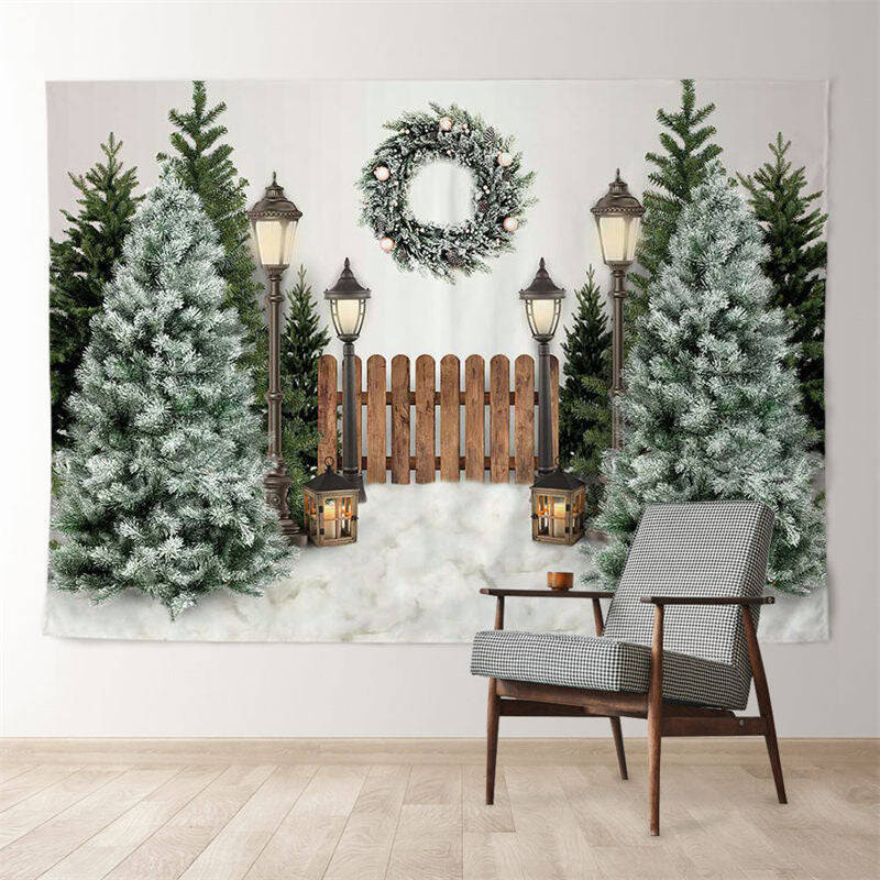 Aperturee Wood Fence Snowy Tree Wreath Light Winter Backdrop
